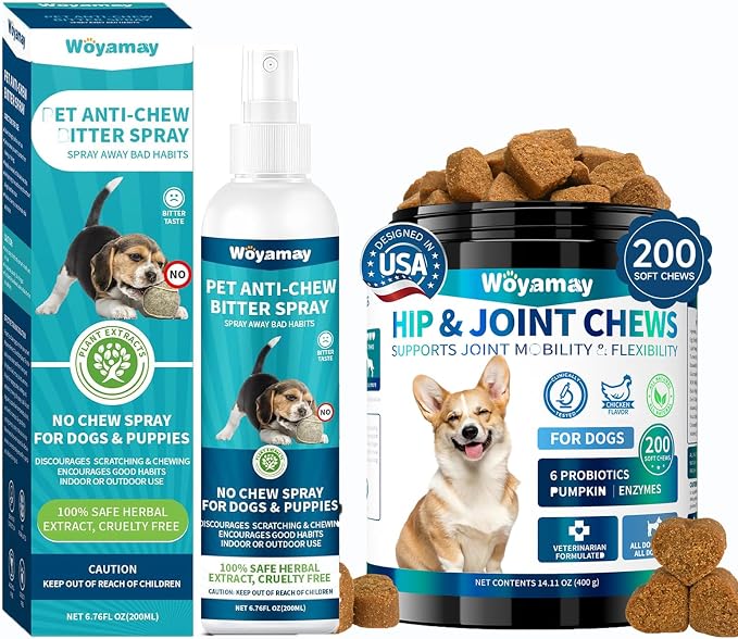Woyamay Dog Joint Support & No Chew Spray Bundle - 200 Glucosamine Chews with Chondroitin, MSM & Turmeric + Bitter Apple Spray for Chewing, Licking & Training - Mobility & Behavior Solution