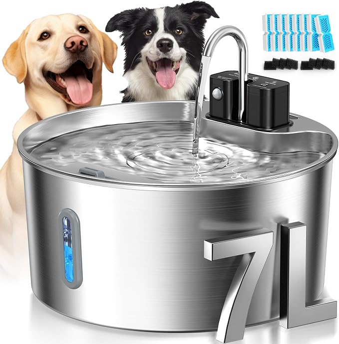 Voluas Dog Water Fountain: 1.8Gal/7L Wireless Stainless Steel Dog Fountain Bowl for Small to Large Dogs, Battery Operated Pet Water Dispenser Indoor with Ultra-Quiet Pump, Easy Clean, 6 Filter