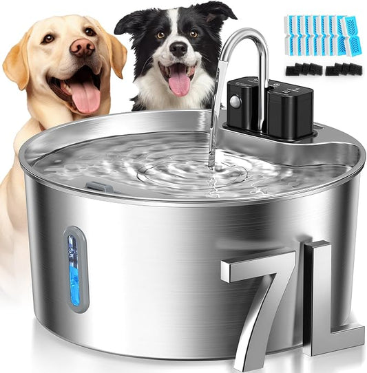 Voluas Dog Water Fountain: 1.8Gal/7L Wireless Stainless Steel Dog Fountain Bowl for Small to Large Dogs, Battery Operated Pet Water Dispenser Indoor with Ultra-Quiet Pump, Easy Clean, 6 Filter