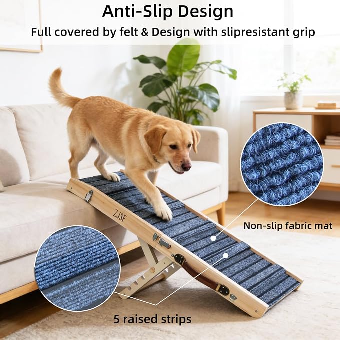 ZJSF Foldable Wooden Dog Ramp for High Bed, Dog Stairs for Small Dogs, High Traction Platform with 4 Adjustable Heights (14"-19.7"), 33" L, Supports up to 70 lbs