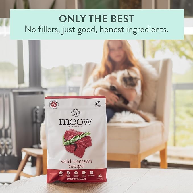The New Zealand Natural Pet Food Co. Meow Air Dried Cat Food - Wild Venison Recipe, High Protein Dry Food Use as a Complete Diet, Topper, Mixer, or as Cat Training Treats, All Life Stages, 26.5 oz
