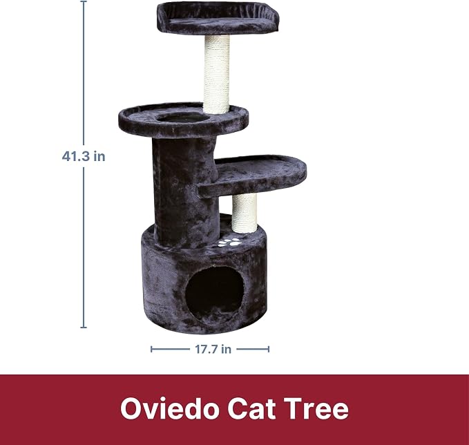 TRIXIE Pet Products Oviedo Cat Tree, Dark Gray, 3 levels (43847) | 3-Level Cat Tower, Sisal Scratching Posts, Plush-Lined Condo, Play Tunnel, Two Platforms, Padded Perch Bed