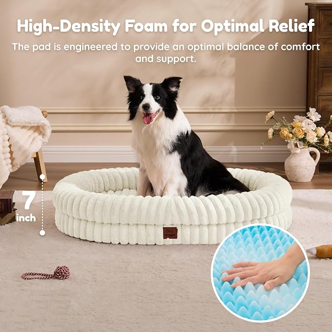 ChiXnuggle Orthopedic Dog Bed for XL Dogs, Waterproof Faux Rabbit Fur Dog Couch with Egg Crate Foam Support and Washable Removable Cover, Bolster Pet Sofa with Non-Slip Bottom, 41x30x7, Cream