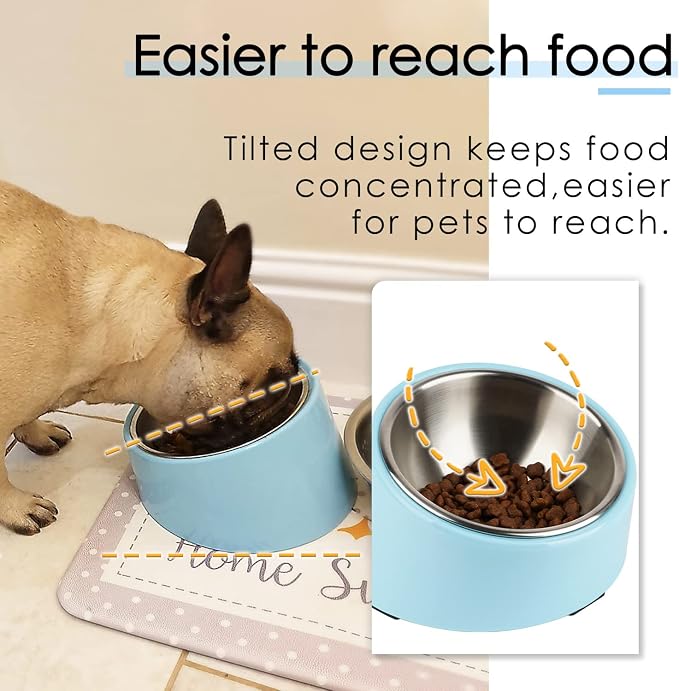 SuperDesign Mess Free 15° Slanted Bowl for Dogs and Cats, Tilted Angle Bulldog Bowl Dog Feeder, Non-Skid & Non-Spill, Easier to Reach Food S/0.5 Cup Blue