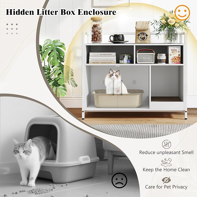 Tangkula Litter Box Enclosure, Enclosed Cat Box Cabinet with 2 Storage Compartment, Metal Frame, Scratching Board, Hidden Cat Washroom, Modern Litter Box Furniture for Indoor Kittens