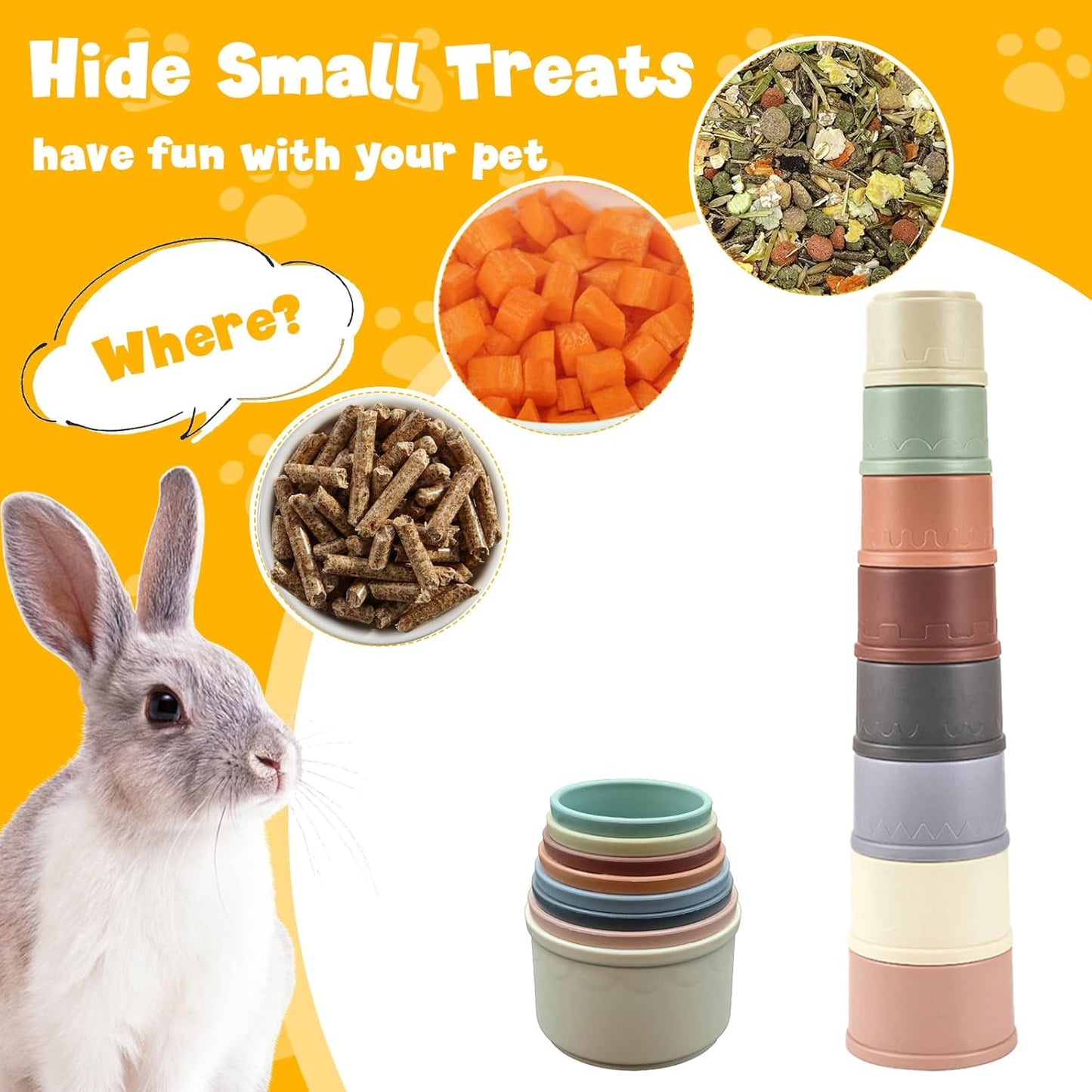 8 Pcs Stacking Cups for Small Animal Toys,Nesting Rabbit Toys of Different Sizes,Safe Plastic Colorful Nesting Toys for Bunny Guinea Pig Hiding Food and Playing