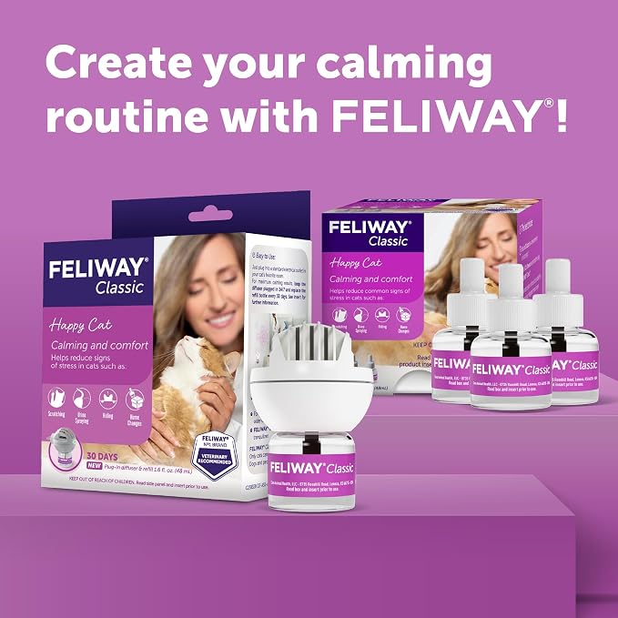 FELIWAY Classic Cat Calming Diffuser Kit and 1 Pack Refill – Helps Reduce Stress‑Related Behaviors Like Urine Spraying, Scratching, and Hiding – 30‑Day Cat Pheromone Plug in Diffuser