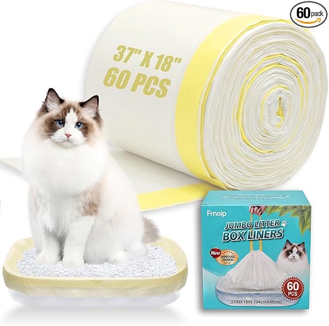 60 Pack 37"x18"Cat litter box liners – No-Tear, Easy-Pull 3MIL Leakproof Jumbo Litter Box Liners, Heavy Duty Drawstring, Boxed Packaging, Odor Control Kitty Litter Bags with Adjustable Elastic Band