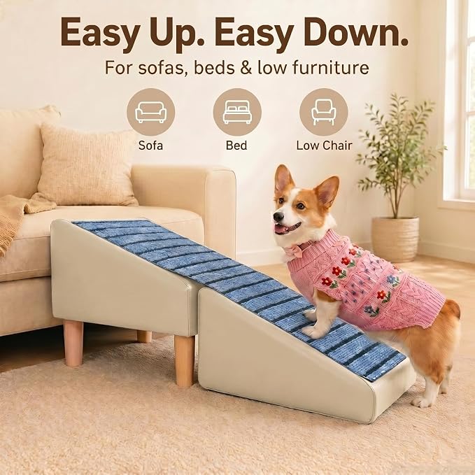 Dog Stairs for Small Dogs, Dog Stairs for Couch& Bed, Non-Slip Foldable 2-in-1 Pet Steps for Cats, Leather Ottoman (Khaki, Large)