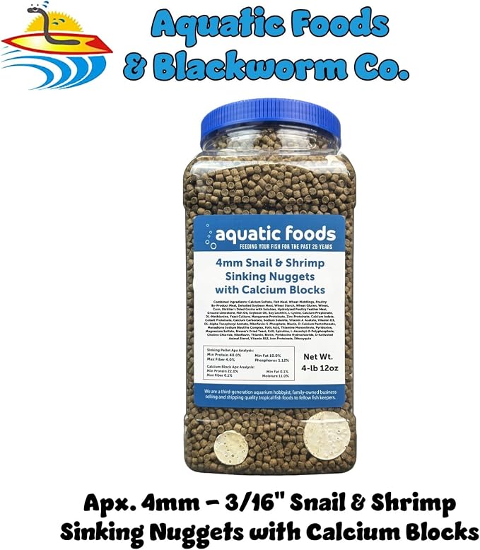 Calcium Blocks Included in Snail & Shrimp, 4mm-3/16 Sinking 40% Protein Nuggets for Snails, Shrimp, Crabs, All Bottom Tropical Fish...4-lbs 12oz Jar