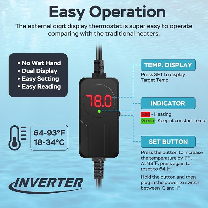 AquaMiracle Aquarium Heater, 300W Submersible Fish Tank Heater with LED Digital Display, Overheat Protection & Auto Power-Off When Out of Water, for Freshwater and Saltwater Fish Tanks (40-75 Gal)