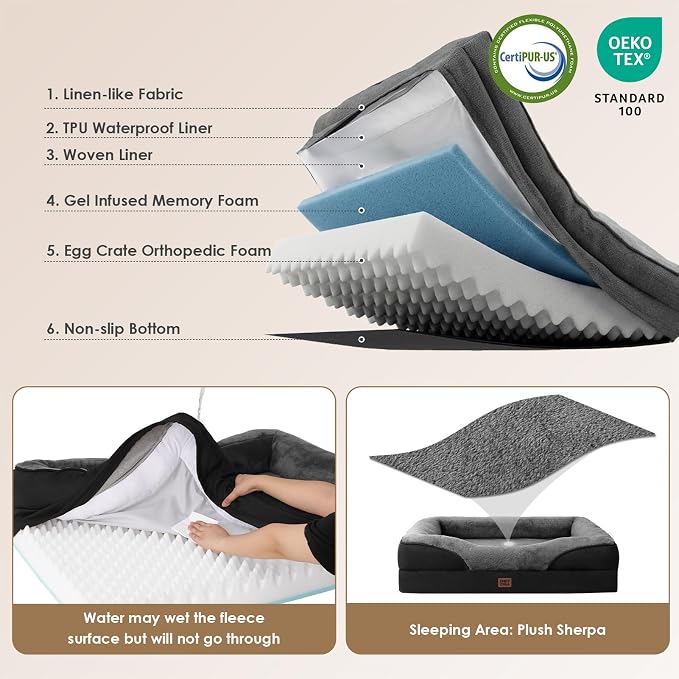 EHEYCIGA Orthopedic XXL Dog Bed for Large Sized Dog, 52x41 Inch Extra Large Memory Foam Dog Couch Bed with Sides, Waterproof Liner & Washable Removable Cover, Bolster Pet Sofa, Grey/Black