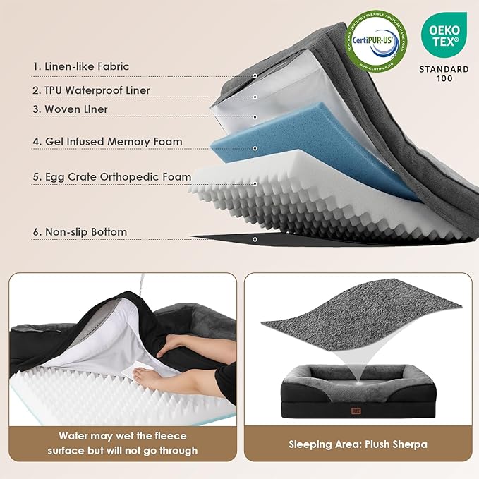 EHEYCIGA Orthopedic Dog Bed for Medium Dog, 35x22 Inch Memory Foam Dog Couch Bed with Sides, Waterproof Liner & Washable Removable Cover, Bolster Pet Sofa, Grey/Black