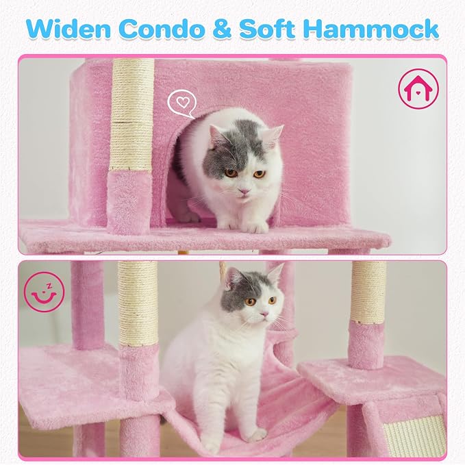 ABCPET Cat Tree Tower 63in Multi-Level Cat Tower for Indoor Cats with Sisal Scratching Posts, Condo, Hammock, Dangling Ball and Extended Platform for Cats to Play, Pink