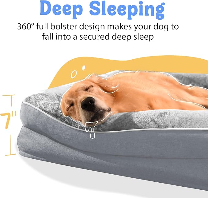 Chez Paw Orthopedic Dog Bed for Medium & Large Dogs, Waterproof Egg-Crate Foam Dog Bed with Removable Washable Cover, 4-Sided Bolster Support & Non-Slip Bottom, Silver 36"x27"x7"