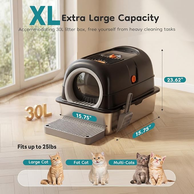 OLIXIS Stainless Steel Litter Box with Lid, Extra Large Enclosed Cat Litter Pan for Big Cats, High Sided Cat Box with Scoop & Mat, Front & Top Entry, Easy Cleaning, Black