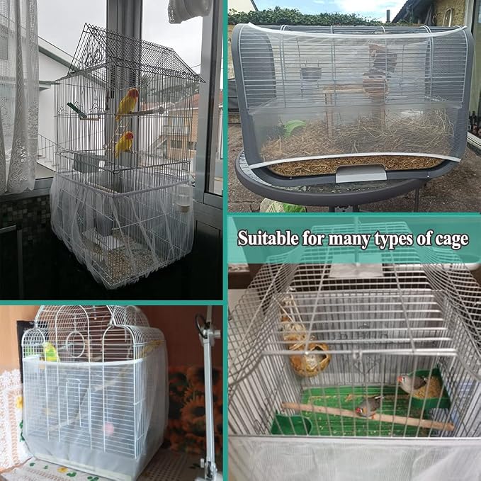 ASOCEA Bird Cage Seed Cather with Adjustable Bird Harness and Leash Universal Adjustable Birdcage Cover Skirt Nylon Mesh Netting Parrot Parakeet Macaw African Round Square Cages Cover