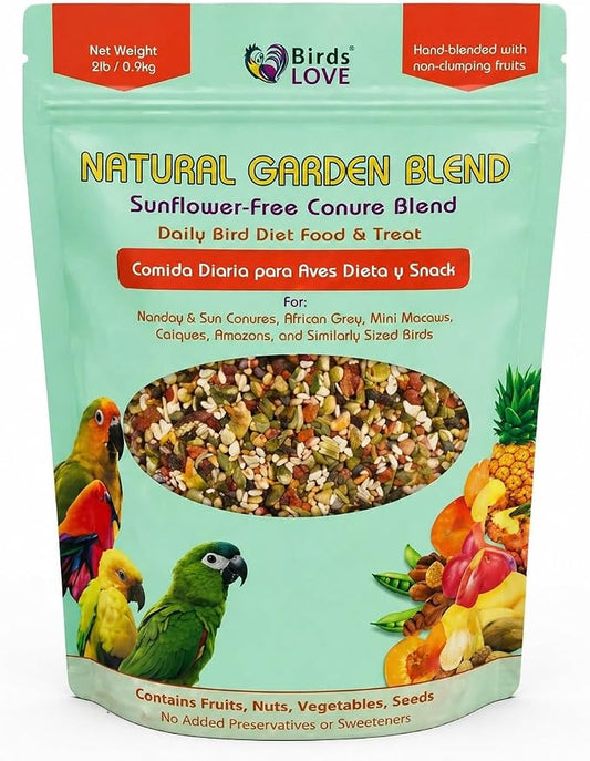 Birds LOVE Natural Garden Blend Conure Food, Sunflower Free Bird Seed Mix with Fruits, Nuts, Vegetables and Seeds, All Natural Daily Diet and Treat, 2 lb