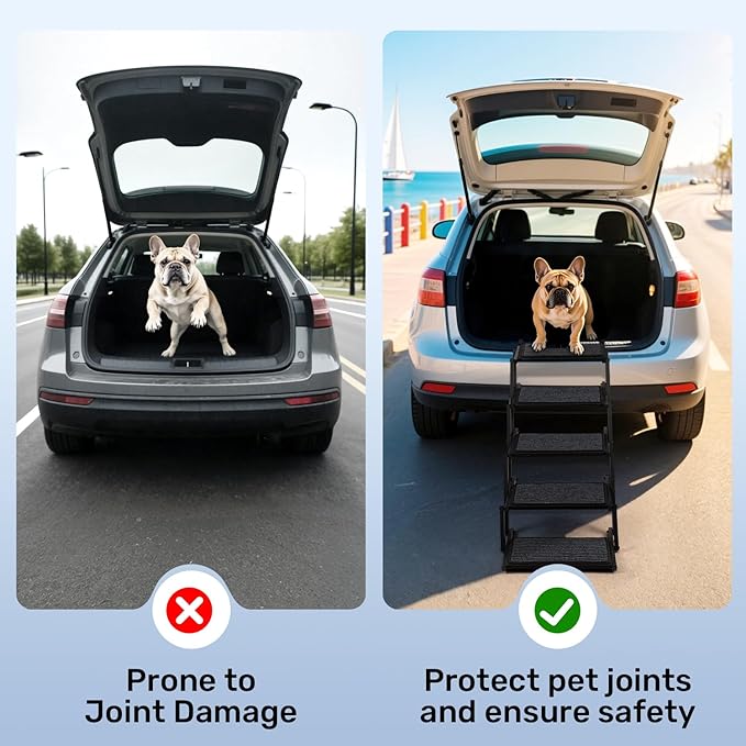 Dog Steps for Car, Truck and SUV - Foldable Pet Stairs for Large Dogs with Non-Slip Rug Surface, Lightweight Dog Ramp Holds Up to 250lbs, 5 Steps (Black Metal Fram, 5 Steps)