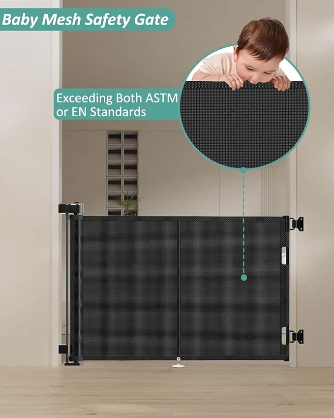 Miumoon 59 inch Retractable Baby Gates 34 inch Tall, Retractable Gate with Reinforced Strip Design to Prevent Crawling Through, 5 FT Retractable Dog Gate for Stairs, Doorways, Hallways, Indoor/Outdoor