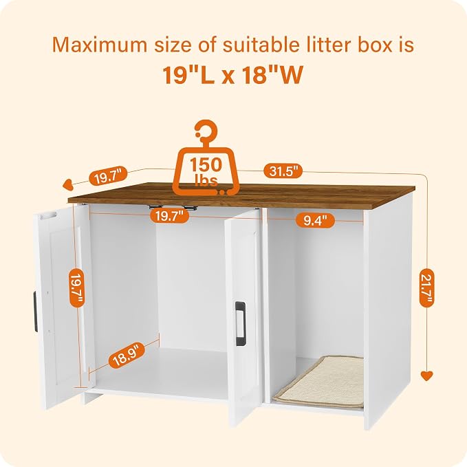 DWANTON Litter Box Enclosure, Cat Litter Box Furniture Hidden, with Scratching Mat, Wooden Cat Washroom Indoor, 31.5" L x 19.7" W x 21.7" H, White and Warm Brown