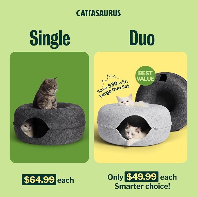 Cattasaurus Peekaboo Cat Cave Donut for Multiple & Large Cats up to 30-45 lbs, 3-in-1 Self Warming Cat Bed, Tunnel & Scratcher for Indoor Cats, Washable & Detachable (Light Gray + Dark Gray, Large)