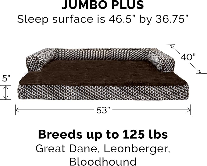 Furhaven Memory Foam Dog Bed for Large Dogs w/ Removable Bolsters & Washable Cover, For Dogs Up to 125 lbs - Plush & Woven Decor Comfy Couch Sofa - Diamond Brown, Jumbo Plus/XXL