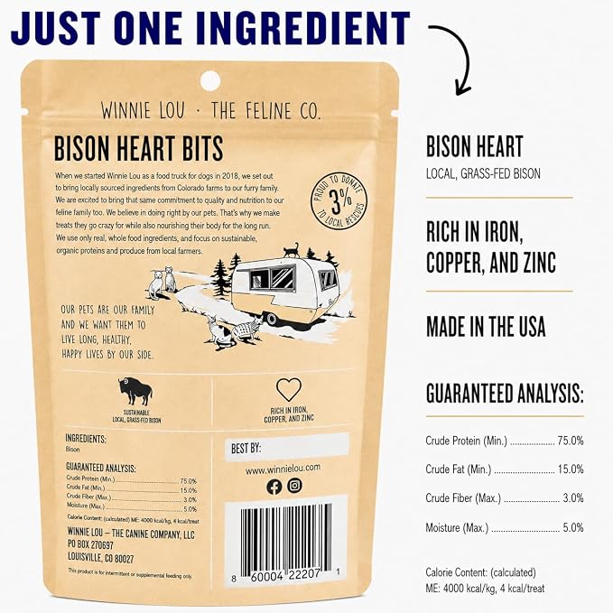 Winnie Lou Grass-Fed Bison Heart Bits Cat Treats, 3 Packs - Single Ingredient, High Protein Cat Food Snacks, Grain Free & Made in the USA, with Taurine, Iron & Zinc for Healthy Cats