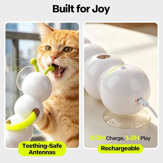 Upgraded Caterpillar Cat Feather Toy, Automatic Fluffy Tail Teaser with Motion Sensor, USB Rechargeable, Suction Cup for Stable Play, Perfect for Indoor Cats