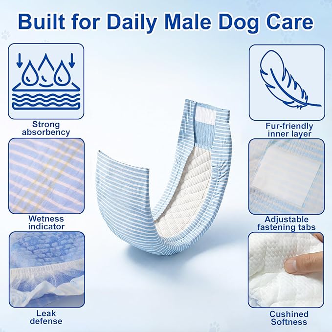 Male Dog Diapers Disposable Waist 24–29.5”, 22 Count, Soft Dry-Touch Inner Layer, Super Absorbent, Leakproof, Wetness Indicator, Adjustable Tabs, XL