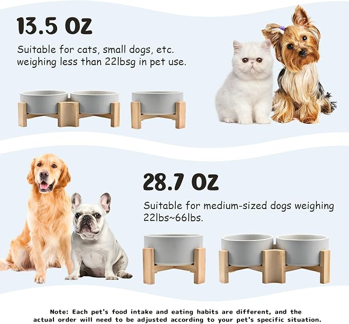 SPUNKYJUNKY 15° Slanted Ceramic Dog and Cat Bowl with Wooden Stand, Tilted Bulldog Food and Water Bowl No Slip Non-Spill for Cats Medium Dogs Big Face Pets 28.7 OZ (3.6 Cups, Grey)