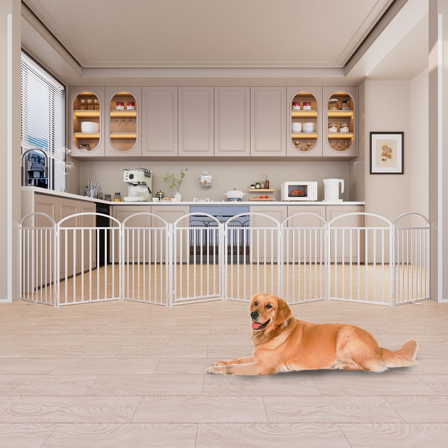 8 Panles Full Matel Freestanding Dog Gates with Door, 192"Extra Wide 32"Tall Free Standing Dog Pet Gate for Indoor & Outdoor. Foldable Pet Fences for Doorways, House, Stairs, Porch, Deck, Yard