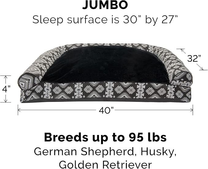 Furhaven Pillow Dog Bed for Large Dogs w/ Removable Bolsters & Washable Cover - Plush & Southwest Kilim Woven Decor Sofa - Black Medallion, Jumbo/XL