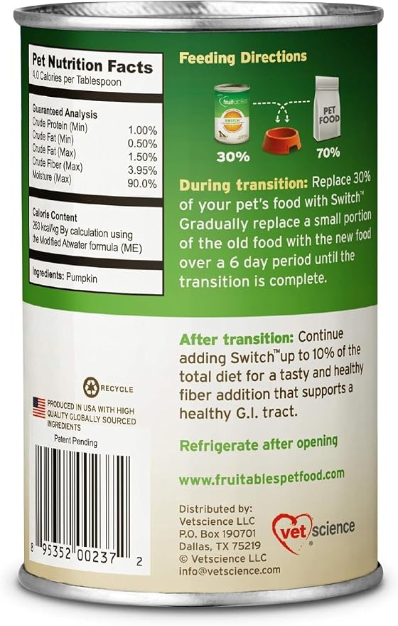 Fruitables Switch Fresh Pumpkin Blend Fiber Supplement for Cats & Dogs, 15 oz Cans Pack of 4 | Pumpkin Meal Topper for Food Transitions and Everyday Digestive Routine Support