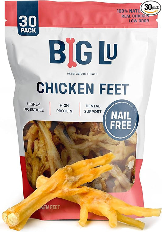 Big Lu – Nail-Free Chicken Feet Dog Chews, (30-Pack) | 100% Natural Single-Ingredient Treats, Rawhide-Free, Long-Lasting, Rich in Glucosamine and Chondroitin for Joint Health