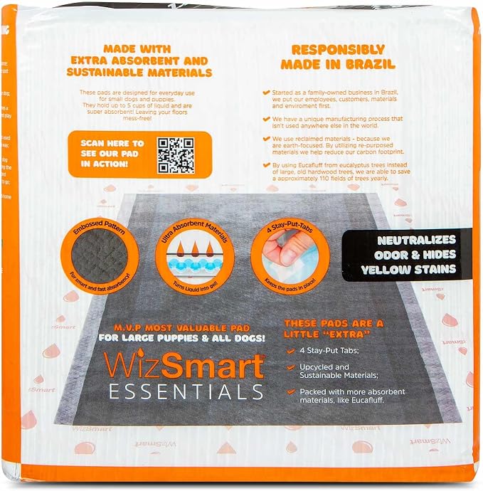 WizSmart Essentials Charcoal XL Training Pads 50 Count – XL Absorbent Puppy & Dog Potty Pads with Odor Control, Leak Resistant Floor Protection, Stay Put Tabs for Crate, Kennel, Indoor Use