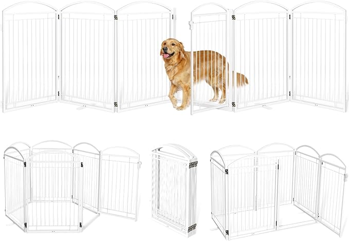 Full Metal Free Standing Dog Gate with Door for Indoor Outdoor, 144'' Extra Wide 32'' Tall Dog Gate for Doorways,Large Openings,Decks,Freestanding Portable Pet Fence(6 Panels,White)