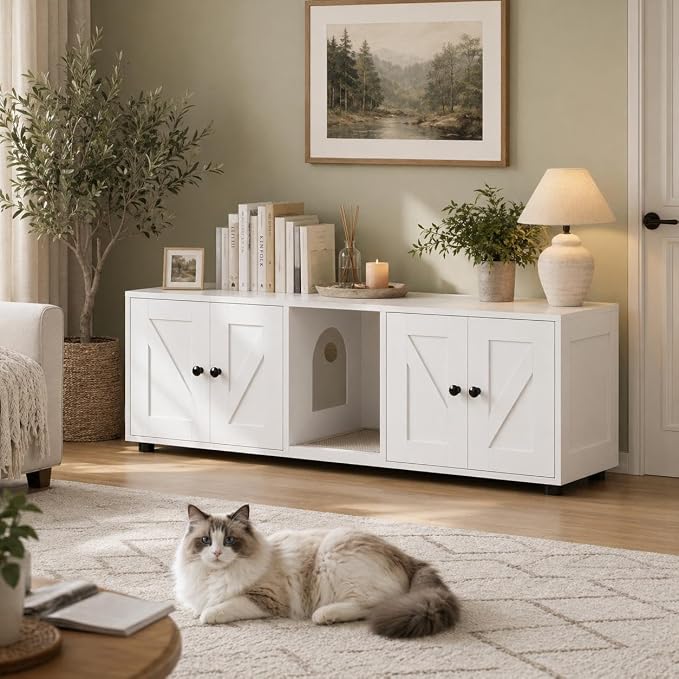 White Double Compartment Cat Litter Box Enclosure, Hidden Litter Box Furniture Cabinet for 2 Cats, Indoor Privacy Cat House, Stylish Pet Storage Cabinet