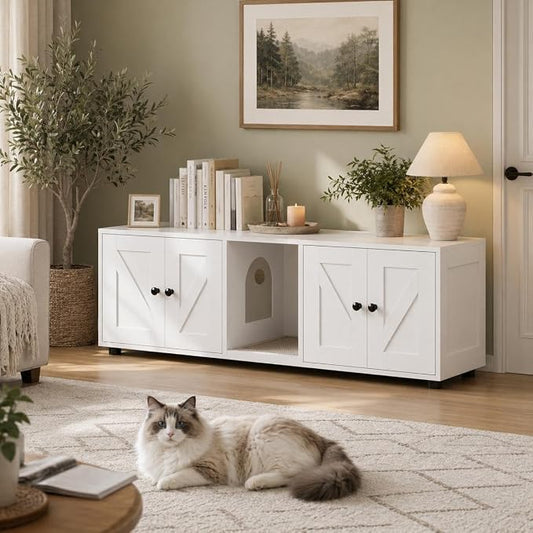 White Double Compartment Cat Litter Box Enclosure, Hidden Litter Box Furniture Cabinet for 2 Cats, Indoor Privacy Cat House, Stylish Pet Storage Cabinet