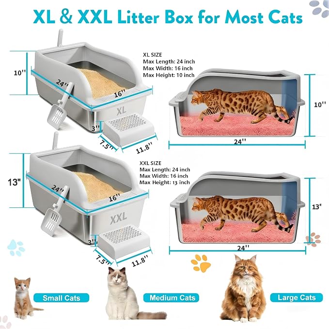 2PACK Stainless Steel Litter Boxes with Lid High Sides&Step, XXL Extra Large Metal Litter Boxes for Small&Elderly Cats, Friendly Cat Joints, Odor Free Litter Pan, Leak-Proo, Easy to Clean, Non-Sticky