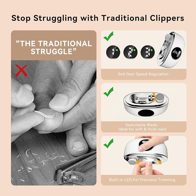 Electric Nail Clipper for Seniors & Adults - Dual-Blade 3-in-1 Automatic Nail Trimmer for Thick Nails with LED Light, Quiet 3-Speed Rechargeable Cutter with Debris Storage