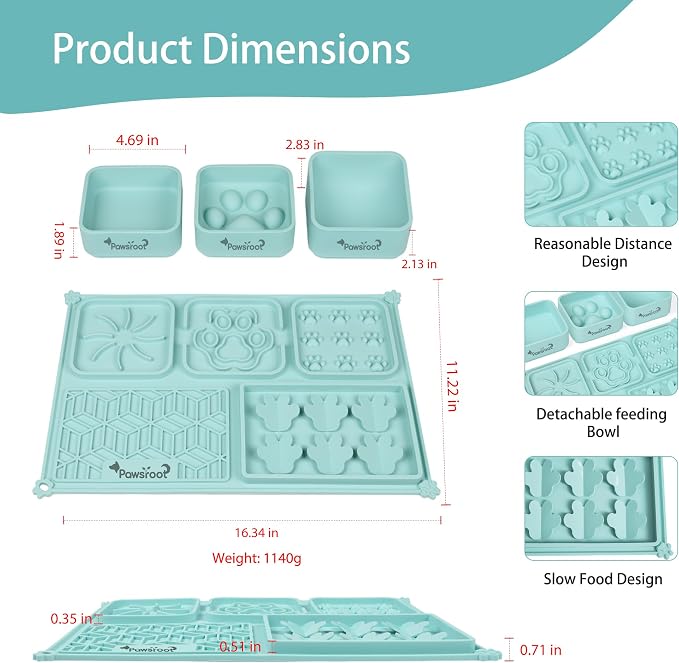 Extra Large Dog Lick Mat & Slow Feeder Bowl Set - XXL Silicone Enrichment Tray for Large Breeds - 2-in-1 Calming Puzzle Toy with 3 Removable Bowls (Soft Mint)