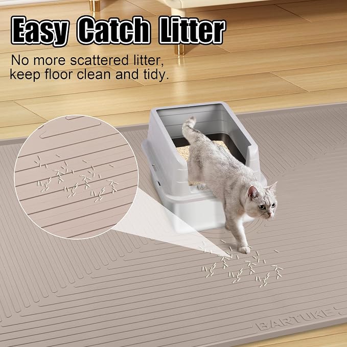 Silicone Cat Litter Mat, 50" x 36" Extra Large Litter Trapping Mat for Litter Box, Leak-Proof, Non-Slip, Kitty Litter Mats with Soft Texture for Floor, Keeping The Floor Clean (Khaki)