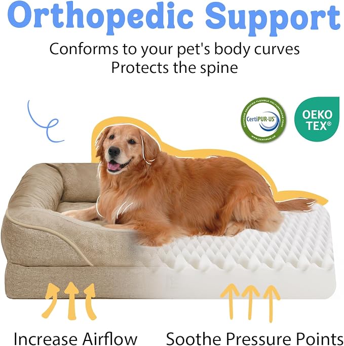 Chez Paw Large Orthopedic Dog Bed for Extra Large Dogs, Waterproof XL Egg-Crate Foam Dog Bed with Removable Washable Cover & Non-Slip Bottom, 4-Sided Bolster Support, Brown 42"x30"x7.5"