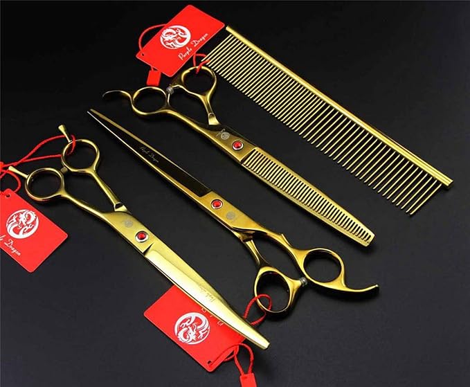 Purple Dragon 8.0" Titanium Multicolor Professional Pet Grooming Scissors Set,Straight & Thinning & Curved Scissors Shear with Bag for Dog Cat Grooming