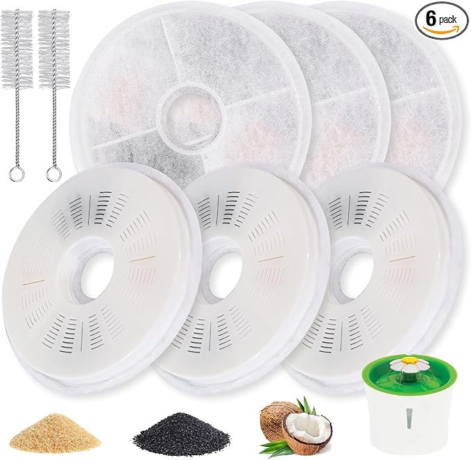 6-Pack Cat Water Fountain Replacement Filters for Catit 3L Flower Fountain, Triple Filtration with Activated Carbon & Ion Exchange Resin, Soft Water & Urinary Health Support