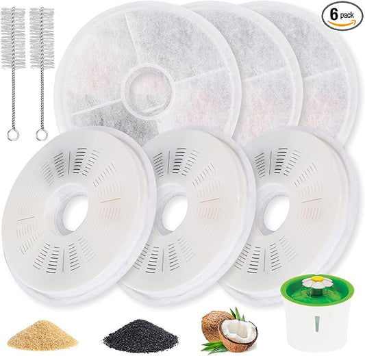 6-Pack Cat Water Fountain Replacement Filters for Catit 3L Flower Fountain, Triple Filtration with Activated Carbon & Ion Exchange Resin, Soft Water & Urinary Health Support