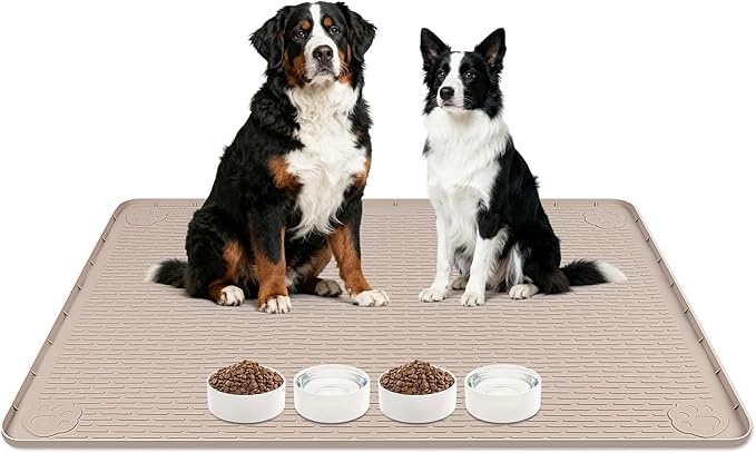 Dog Food Mat, 40" x 28" Large Silicone Mat Dog Feeding Mat with Raised Edge Non-Slip Pet Feeding Mat for Food and Water Bowl, Easy to Clean, Floor Protection (Khaki)