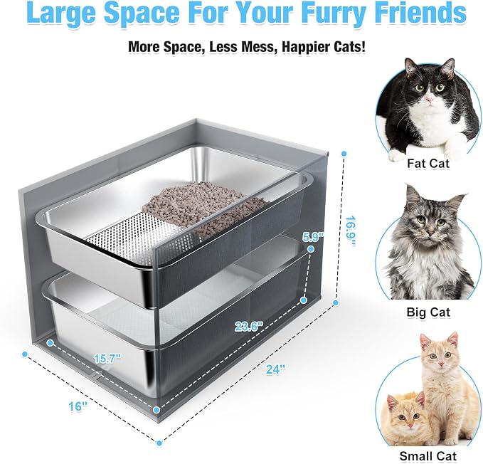 23.6" x 15.7" x 6" Stainless Steel Litter Box with Litter Box Enclosure Splash Guard for Big Cats, Multi-Cats, High Sided Sifting Litter Box for Non-clumping Litter, Easy Cleaning for Long-Lasting