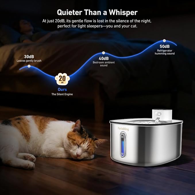 PartsBling Cordless Cat Water Fountain Stainless Steel, 4.2L/142oz Battery Operated Pet Fountain, Ultra Quiet Water Dispenser Cats&Dogs, 5000mAh Rechargeable, Easy to Clean, Includes 4 Filters, White